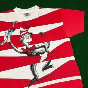Vintage Dr Seuss Cat In The Hat Shirt Mens L White Red Striped AOP Universal 90s